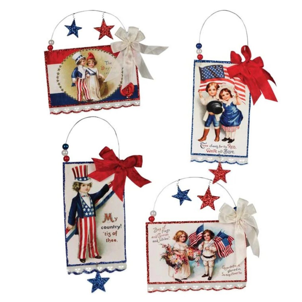 Bethany Lowe - Americana Postcard Ornaments - Four Assorted Patriotic Ornaments